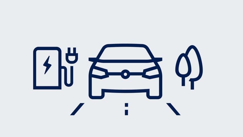 An image that shows an icon of a car on the road passing by tree icons with an electric symbol floating to the side